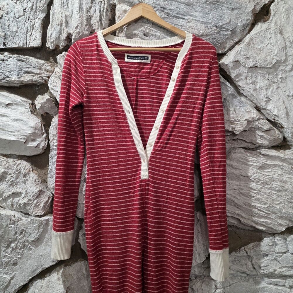 Abercrombie & Fitch Womens Red White Striped One Piece Long Johns Pajama XS - Picture 2 of 5
